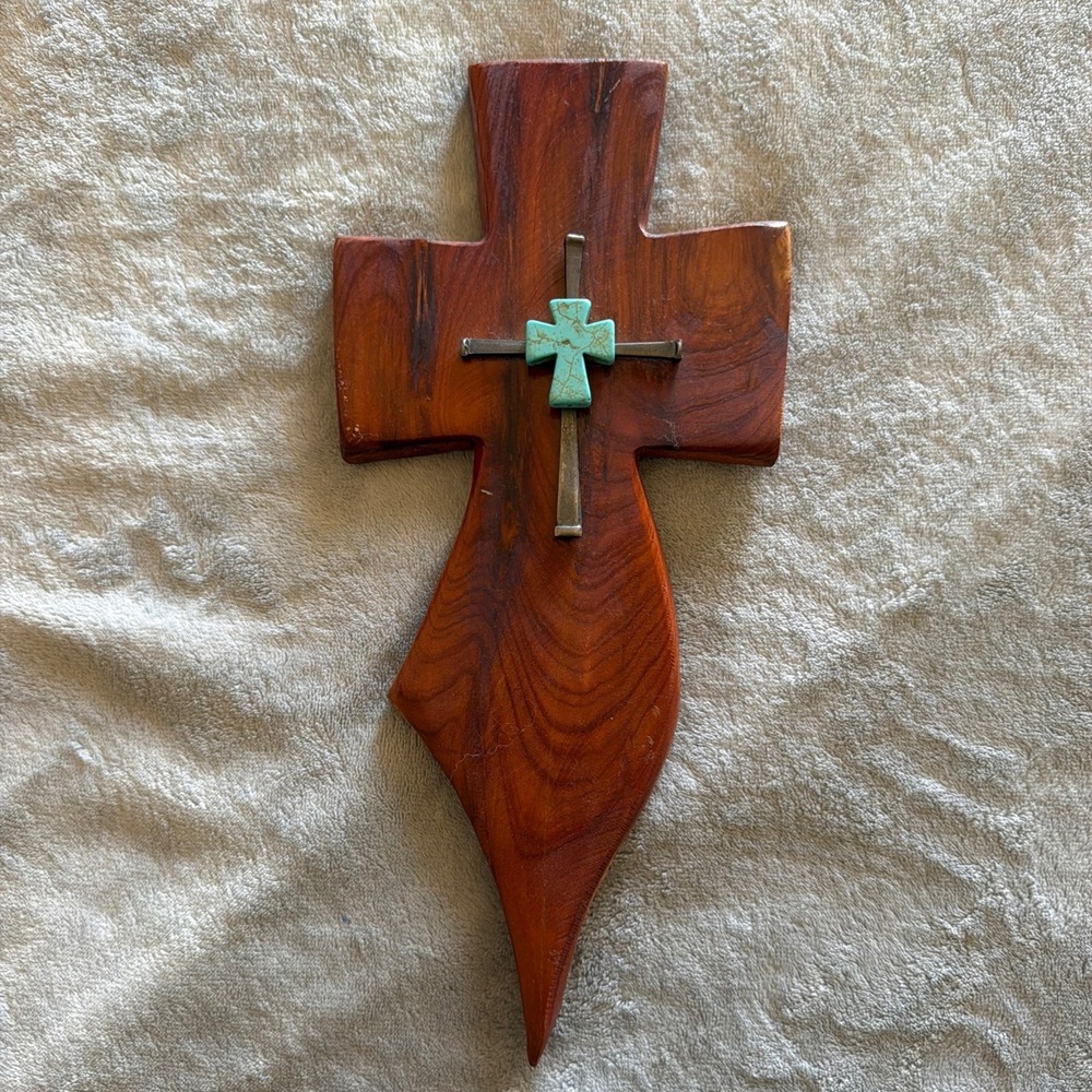 Wooden Wall Cross with Turquoise Accent Rustic Southwestern Christian - D259